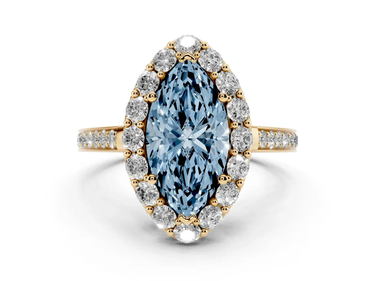 Fancy Blue Marquise Cut Diamond Floral Halo Ring with Pavé Band and Prong Setting Yellow gold