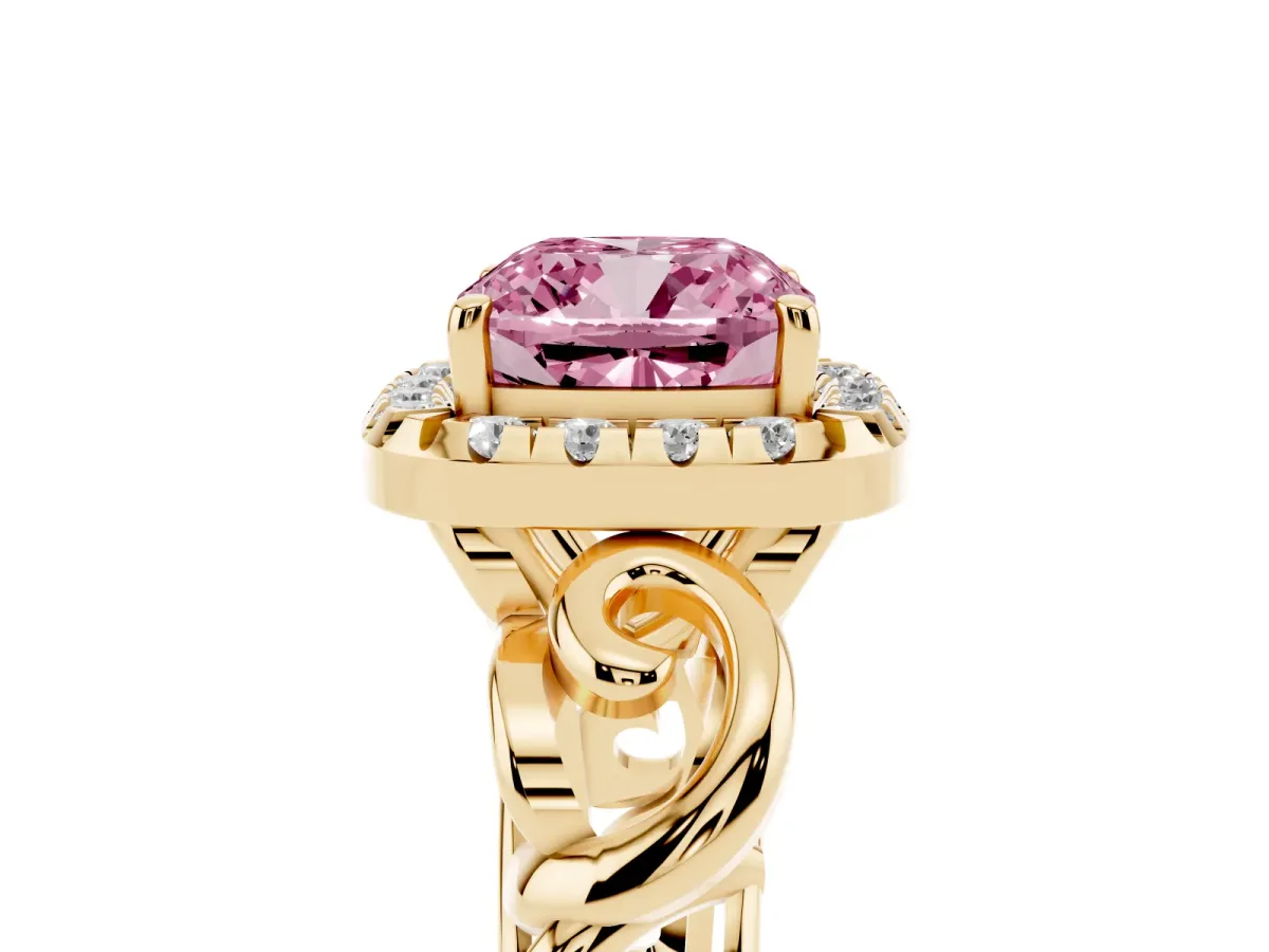 Fancy Pink Cushion Cut Cut Halo Diamond Ring with Scrollwork Band and Four-Prong Setting Yellow gold