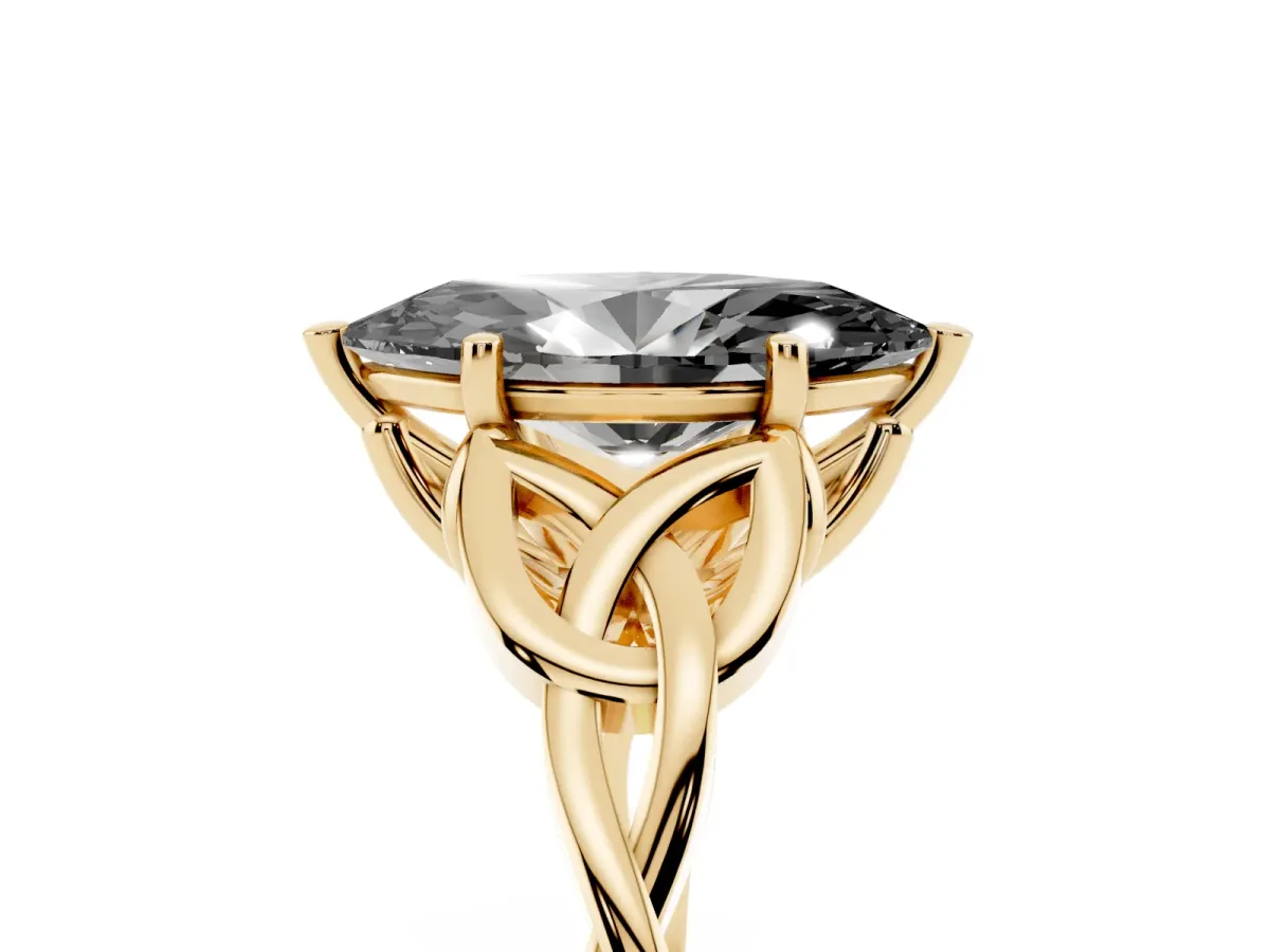 Fancy Black Marquise Cut Diamond Solitaire Engagement Ring with Celtic Knot Band and Four-Prong Setting Yellow gold