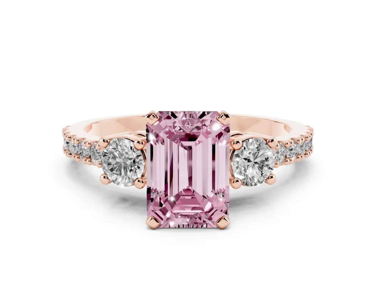 Fancy Pink Emerald Cut Three-Stone Diamond Pavé Band with Prong Setting Rose gold