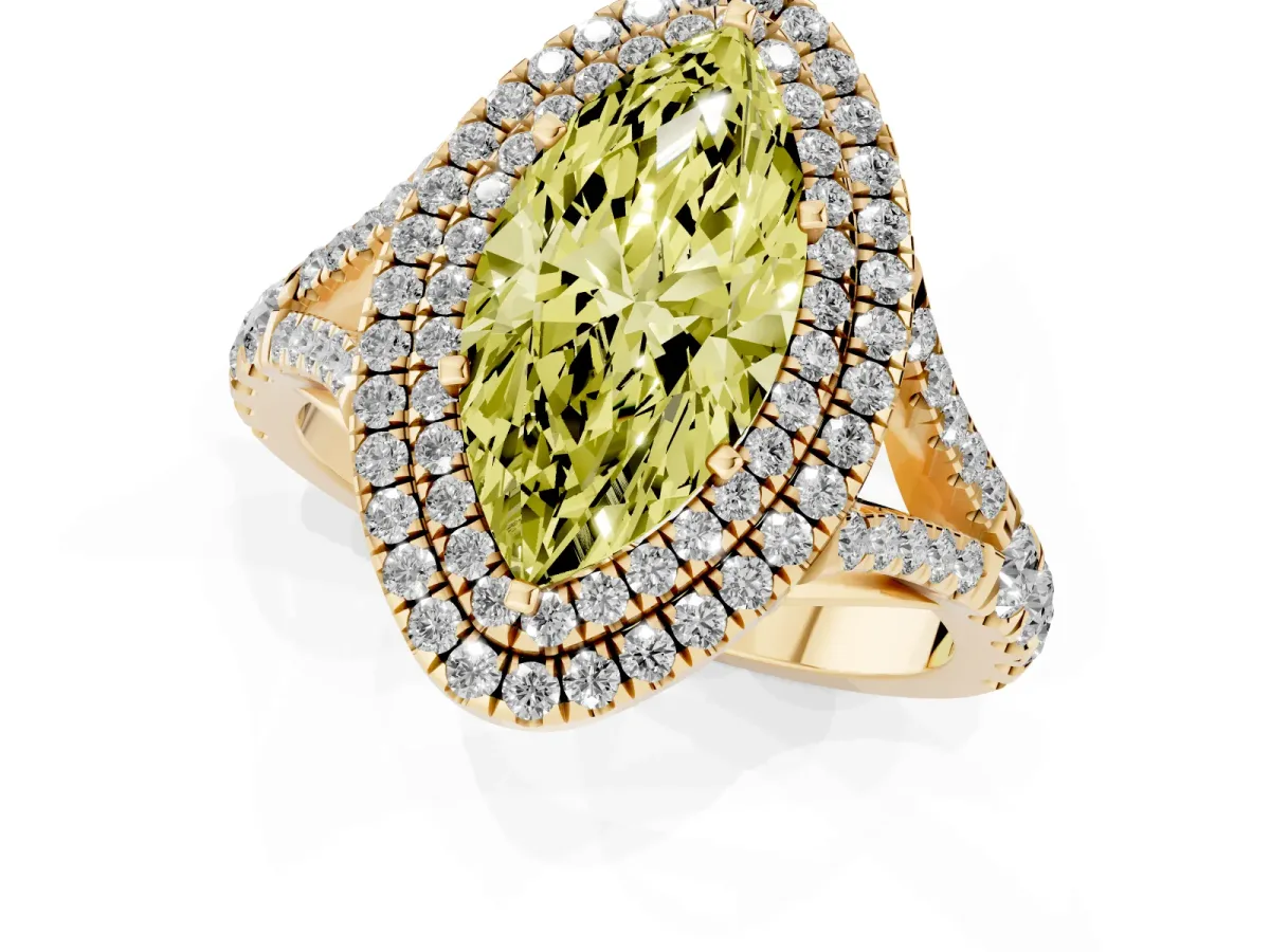 Fancy Yellow Marquise Cut Diamond Pavé Split Shank Double Halo Engagement Ring Yellow gold