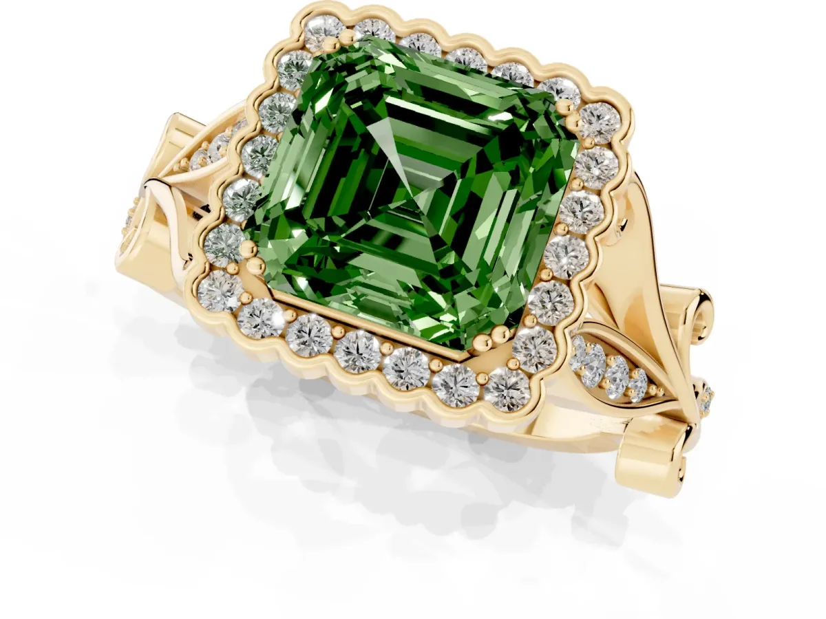 Fancy Green Asscher Cut Diamond Halo Ring with Vintage Split Shank and Four-Prong Setting Yellow gold