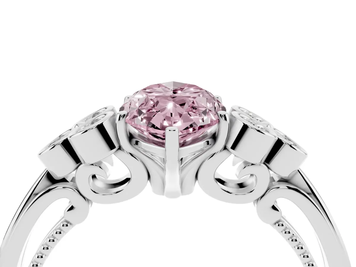 Fancy Pink Marquise Cut Cut Diamond Engagement Ring with Bezel Set Round Side Stones and Prong Setting White gold