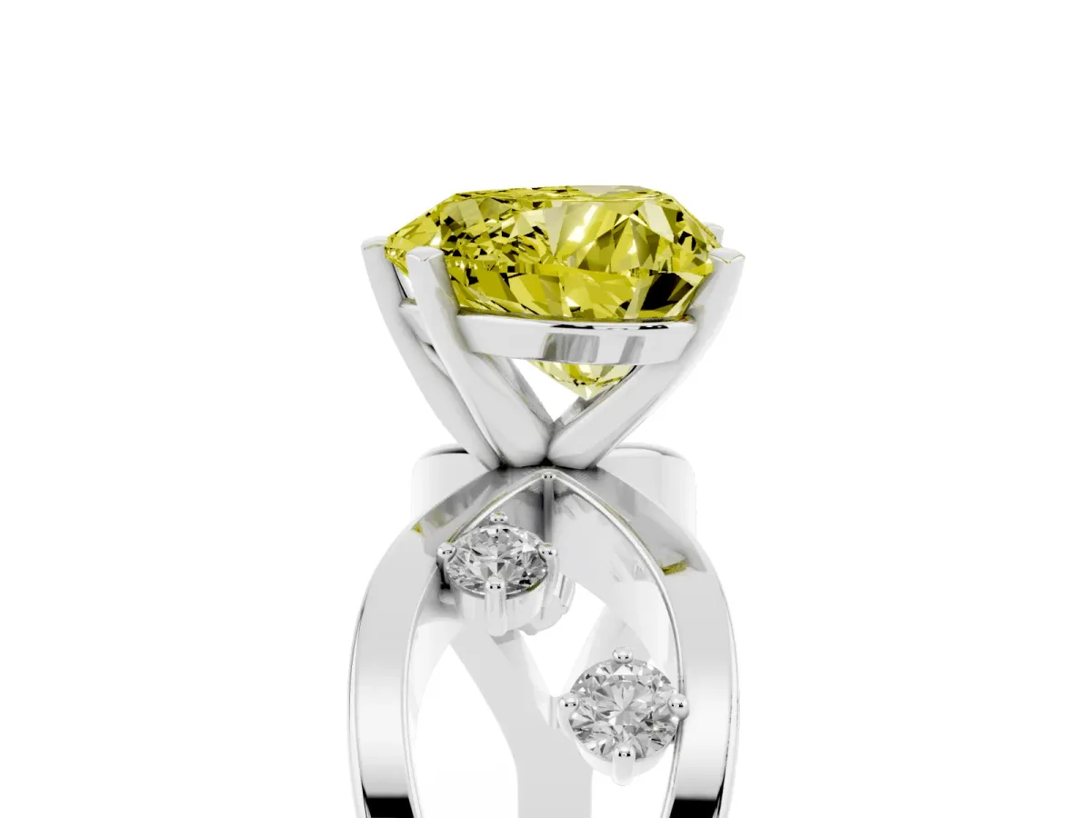 Fancy Yellow Heart Cut Cut Solitaire Diamond with Side Stones on Criss-Cross Band and Four-Prong Setting Silver