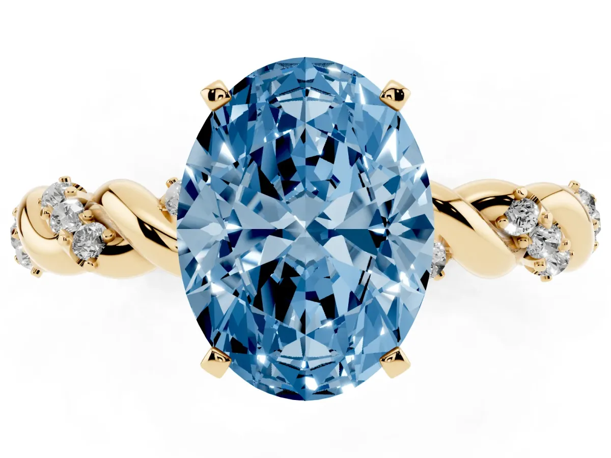 Fancy Blue Oval Cut Diamond Solitaire Ring with Twisted Band and Pavé Accents Yellow gold