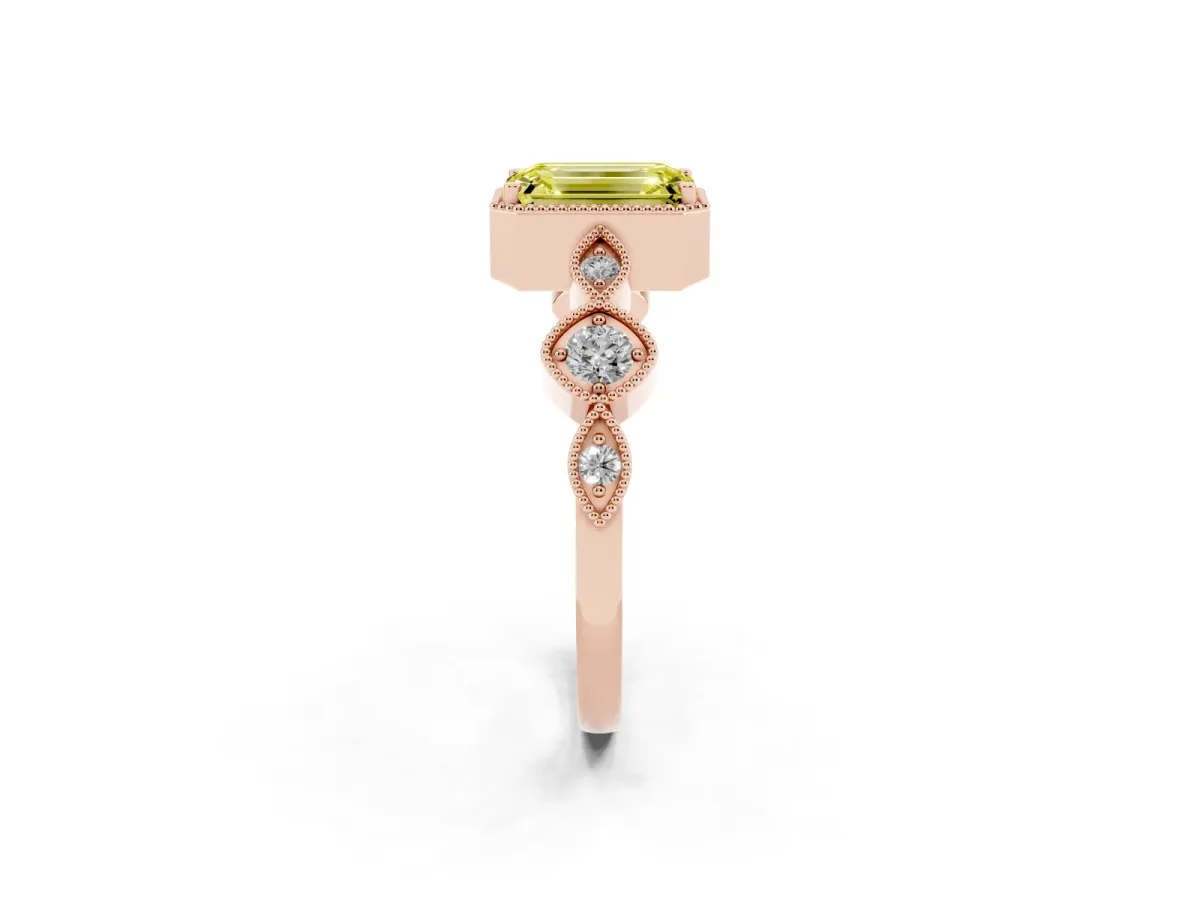 Fancy Yellow Emerald Cut Diamond Vintage Milgrain Ring with Round Stations Rose gold