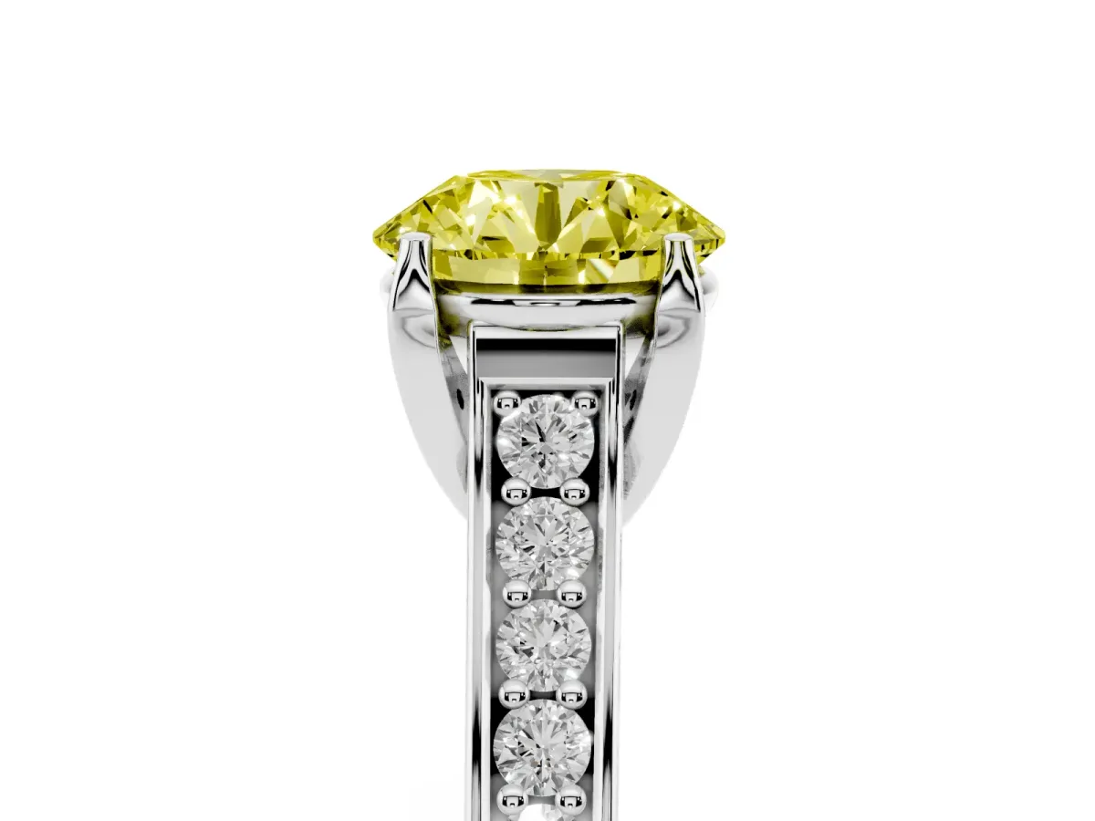 Fancy Yellow Round Cut Brilliant Cut Diamond Engagement Ring with Pavé Band and Four-Prong Setting Platinum