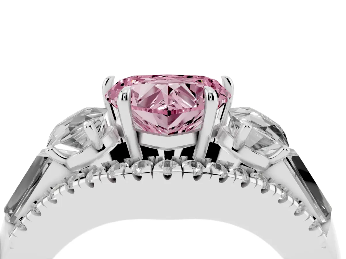 Fancy Pink Three-Stone Heart Cut Diamond Engagement Ring with Pave Band and Prong Setting Silver