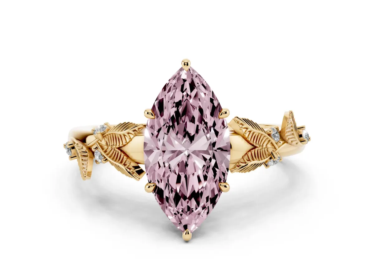 Fancy Pink Marquise Cut Diamond Solitaire Ring with Leaf Motif Band and Four-Prong Setting Yellow gold