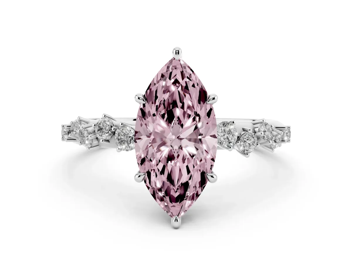 Fancy Pink Marquise Cut Diamond Cluster Side Stone Solitaire Ring with Prong Setting Silver