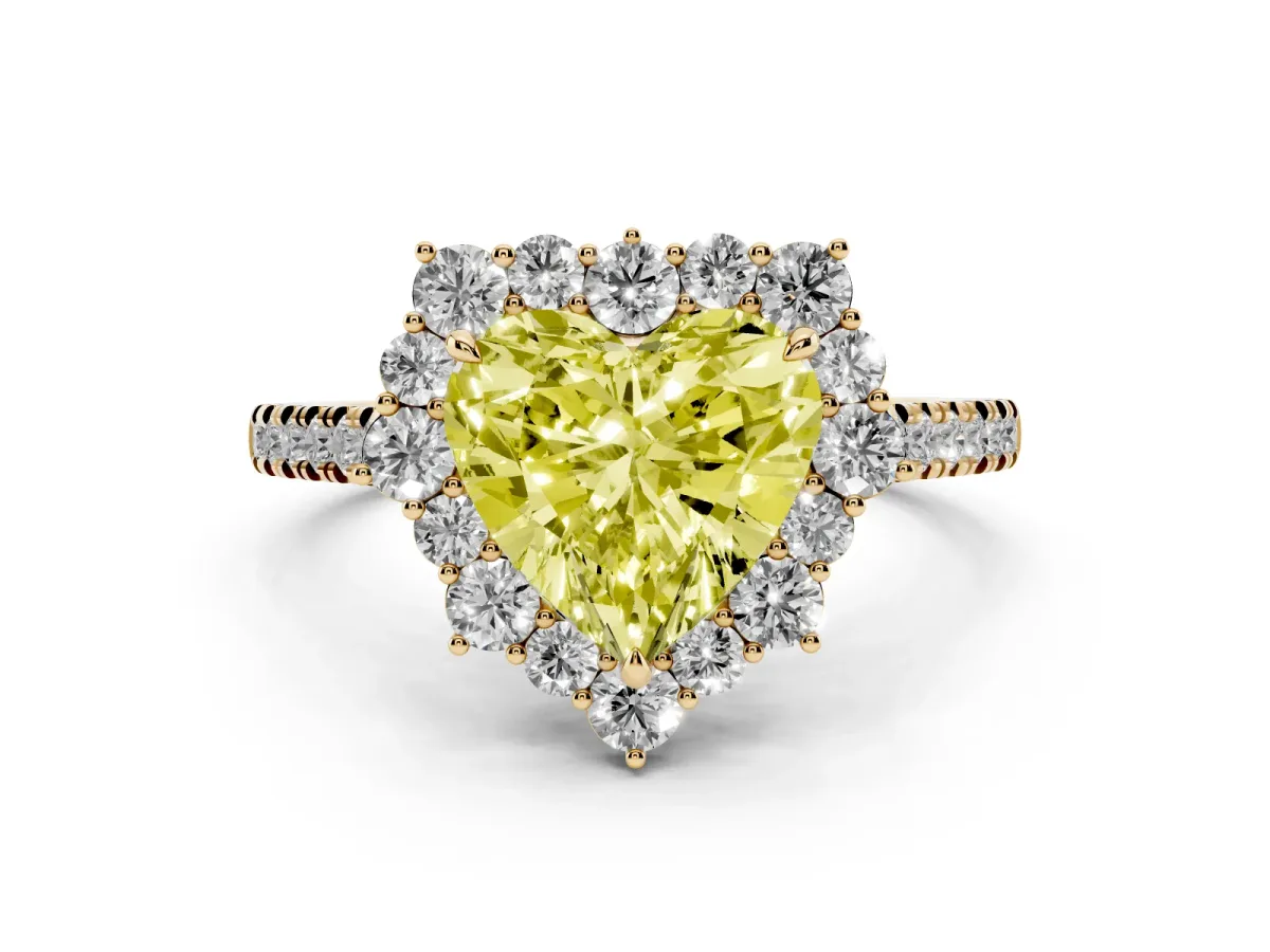 Fancy Yellow Heart Cut Halo Diamond Ring with Pavé Band and Prong Setting Yellow gold
