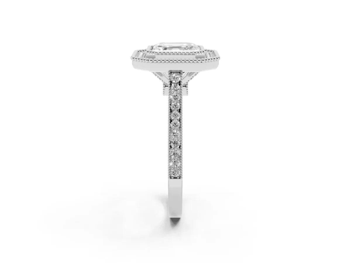 Asscher Cut Diamond Halo Ring with Milgrain Frame and Pavé Band Silver
