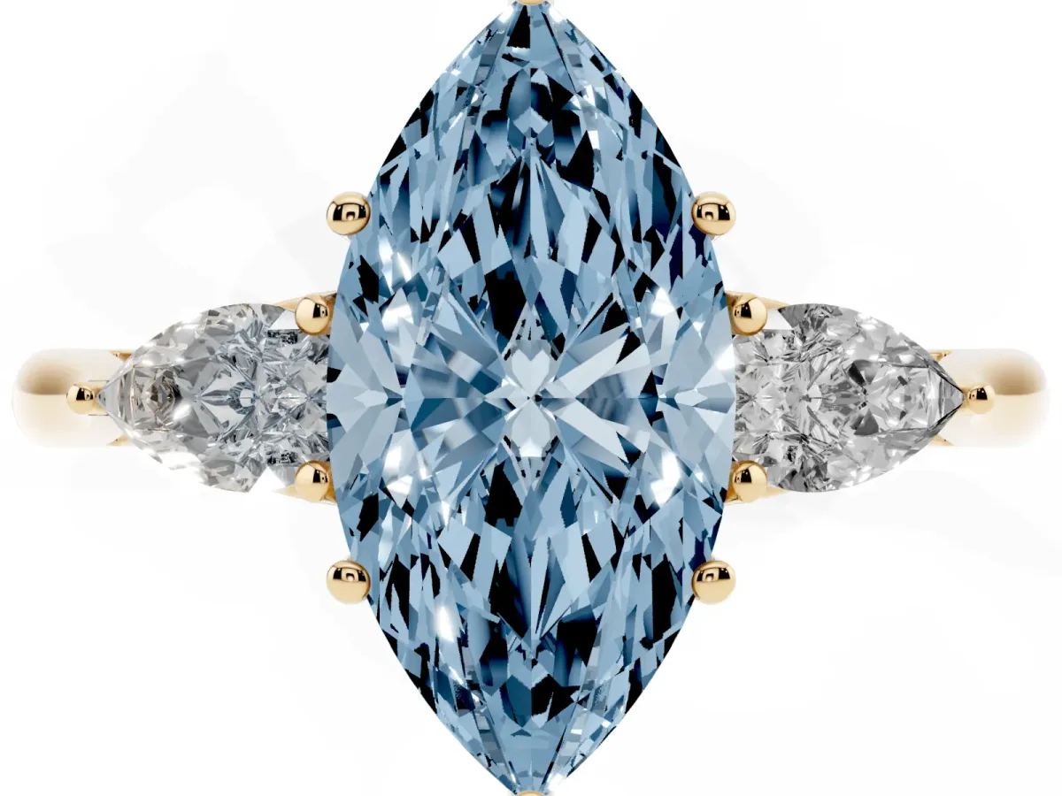 Fancy Blue Marquise Cut Diamond Three-Stone Ring with Pear Side Stones and Prong Setting Yellow gold