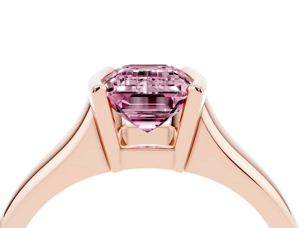 Fancy Pink Emerald Cut Solitaire Tension Set Diamond Ring with Split Shank Band Rose gold
