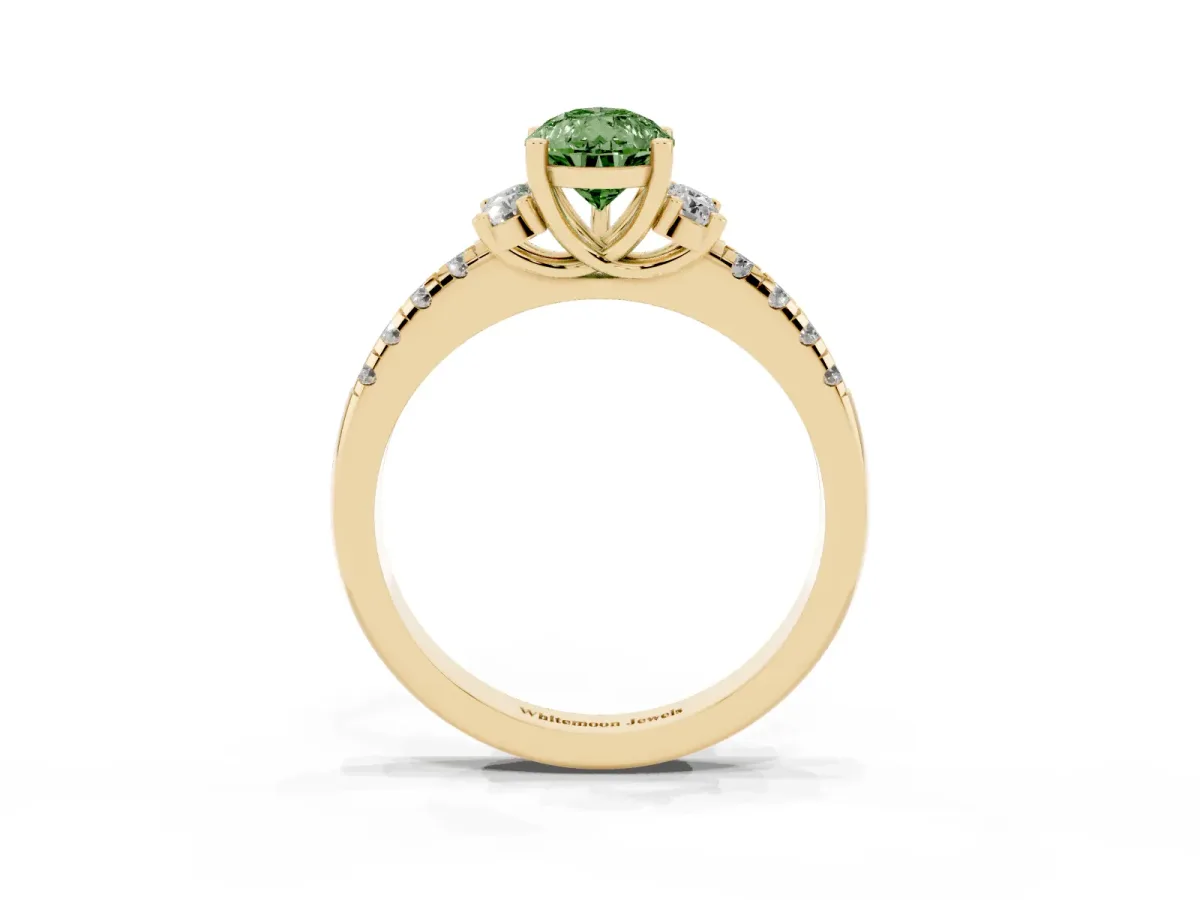 Fancy Green Pear Cut Diamond Three-Stone Pave Band with Four-Prong Setting Yellow gold