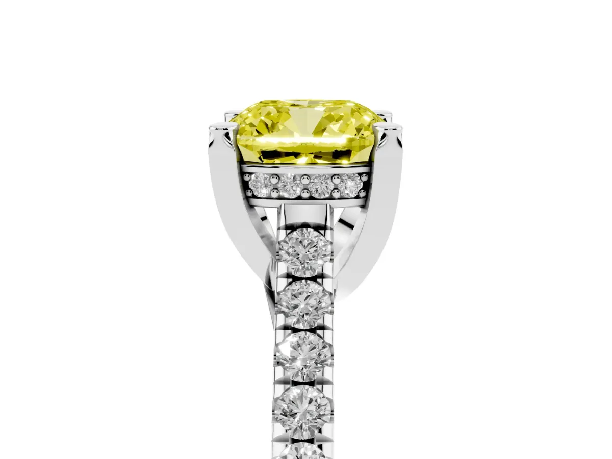 Fancy Yellow Cushion Cut Brilliant Diamond Solitaire with Pavé Band and Four-Prong Setting White gold