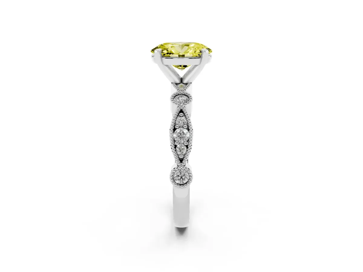 Fancy Yellow Oval Cut Milgrain Bezel Diamond Engagement Ring with Solitaire Prong Setting Platinum