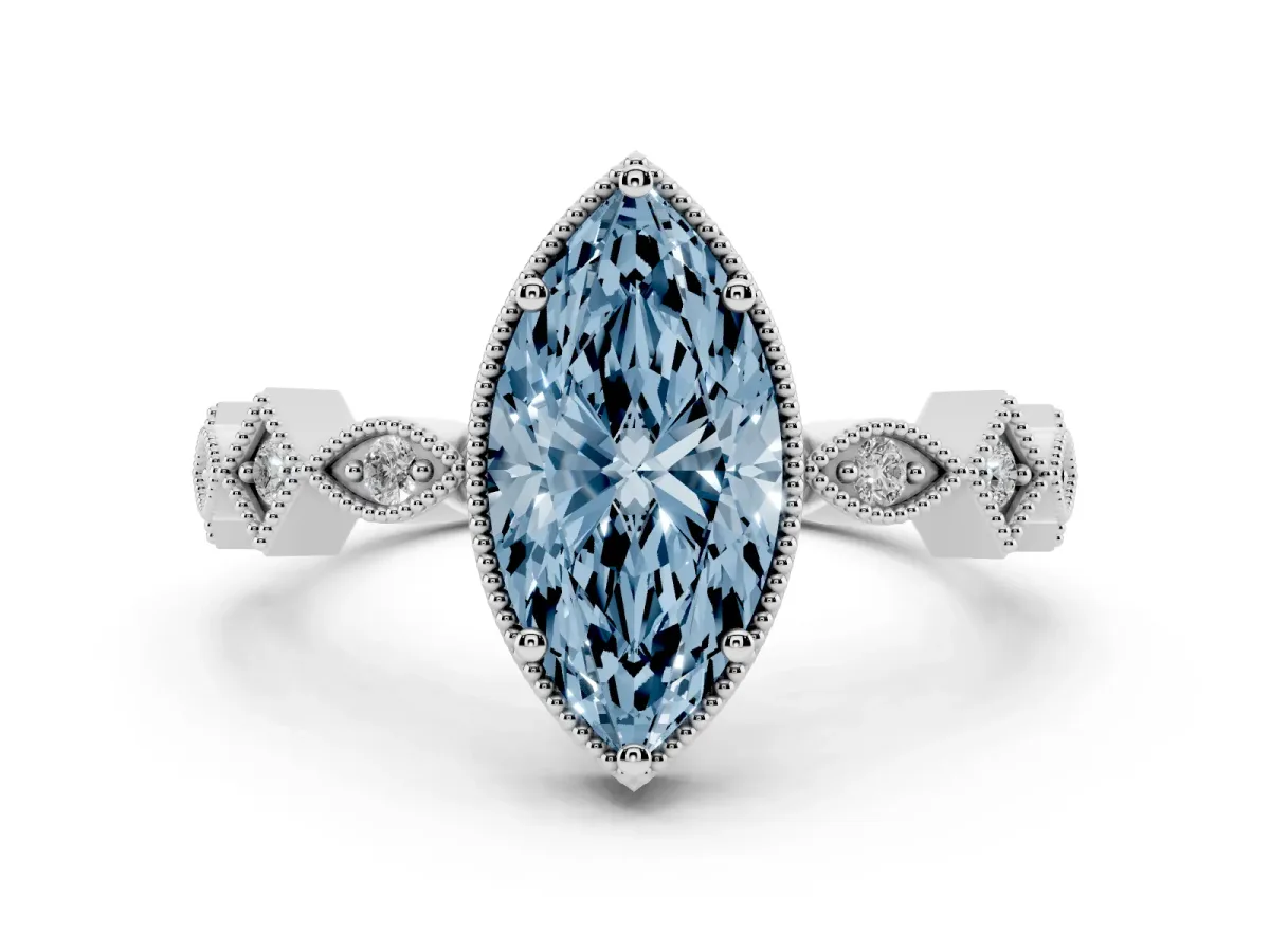 Fancy Blue Marquise Cut Milgrain Marquise Diamond Twist Band Ring Silver