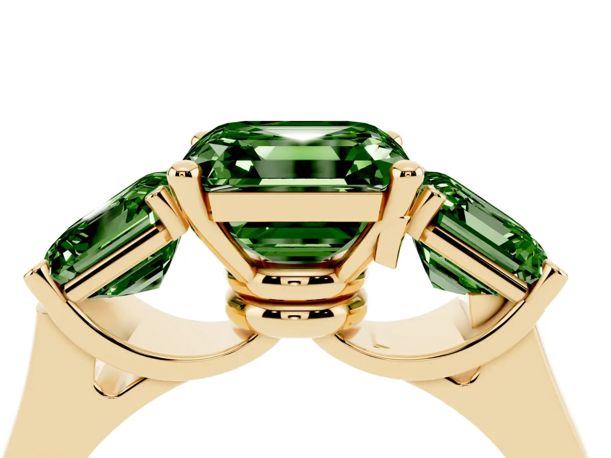 Fancy Green Three-Stone Asscher Cut Brilliant Diamond Trellis Ring with Comfort Fit Band Yellow gold