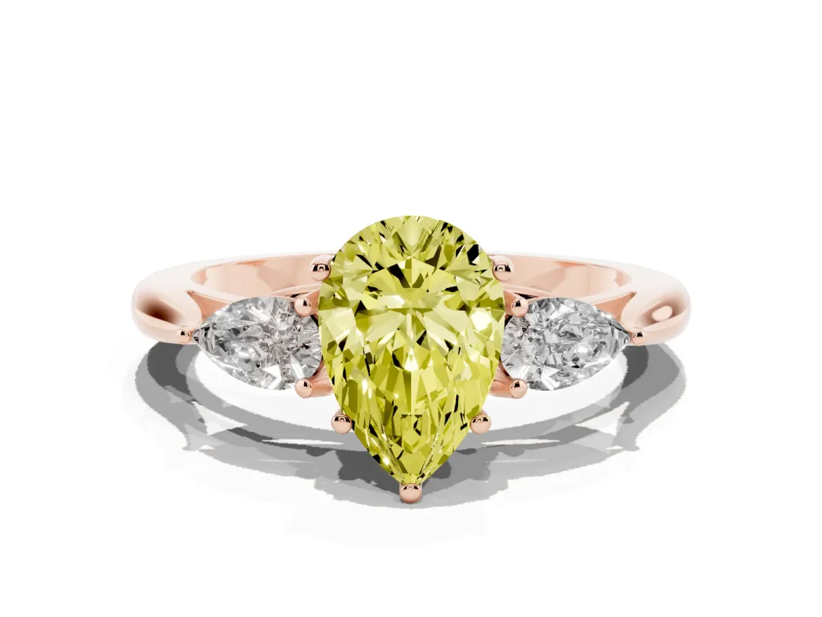 Fancy Yellow Pear Cut Diamond Three-Stone Ring with Pear Side Stones and Prong Setting Rose gold