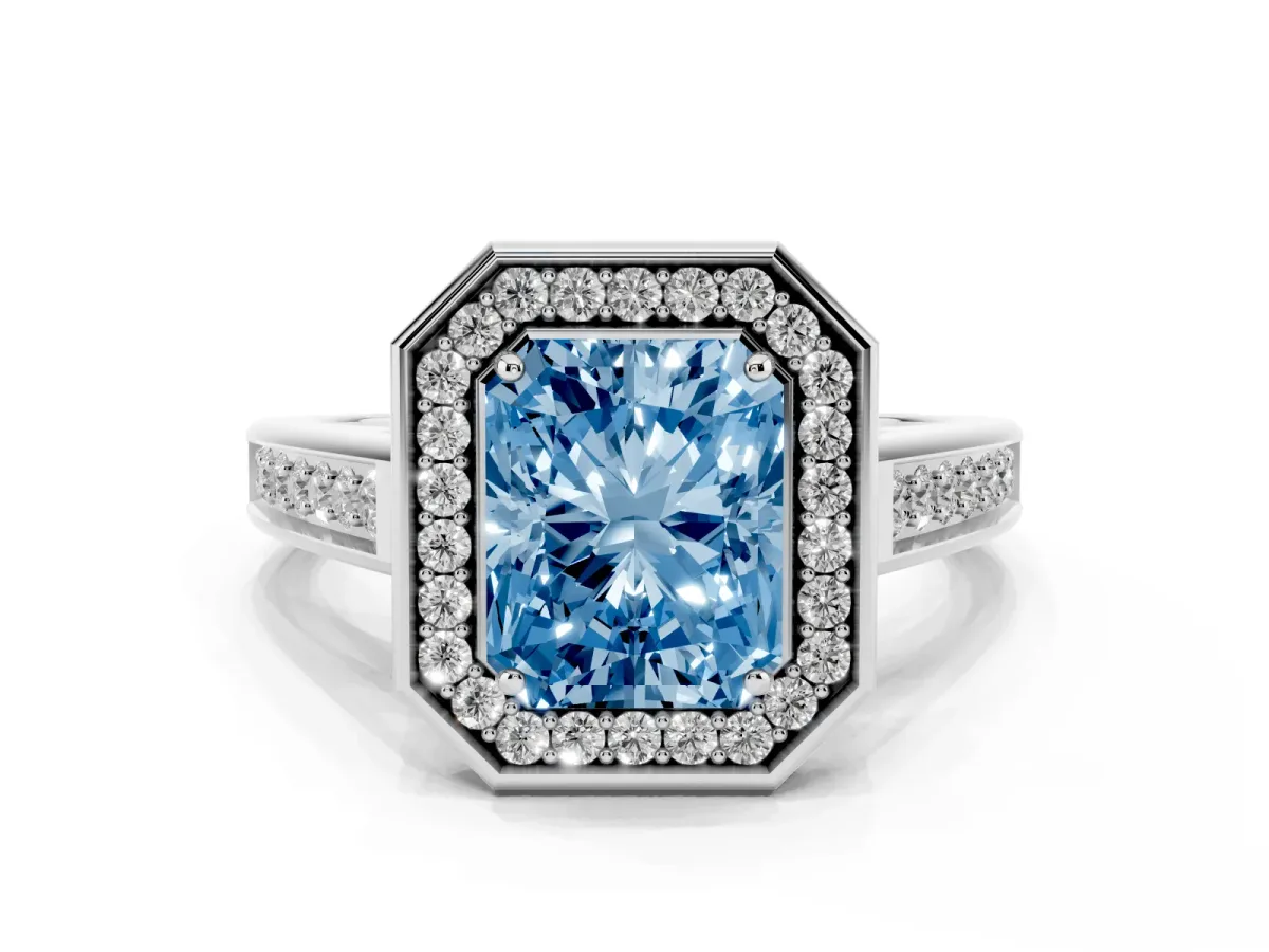 Fancy Blue Radiant Cut Halo Solitaire Diamond Ring with Pave Band and Bezel Setting White gold