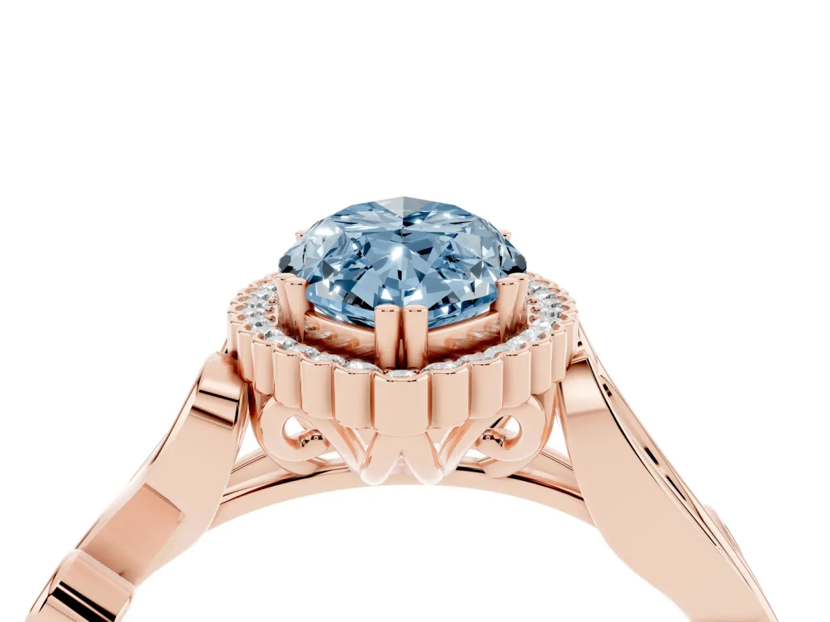 Fancy Blue Marquise Cut Diamond Halo Ring with Vintage Split Shank and Four-Prong Setting Rose gold