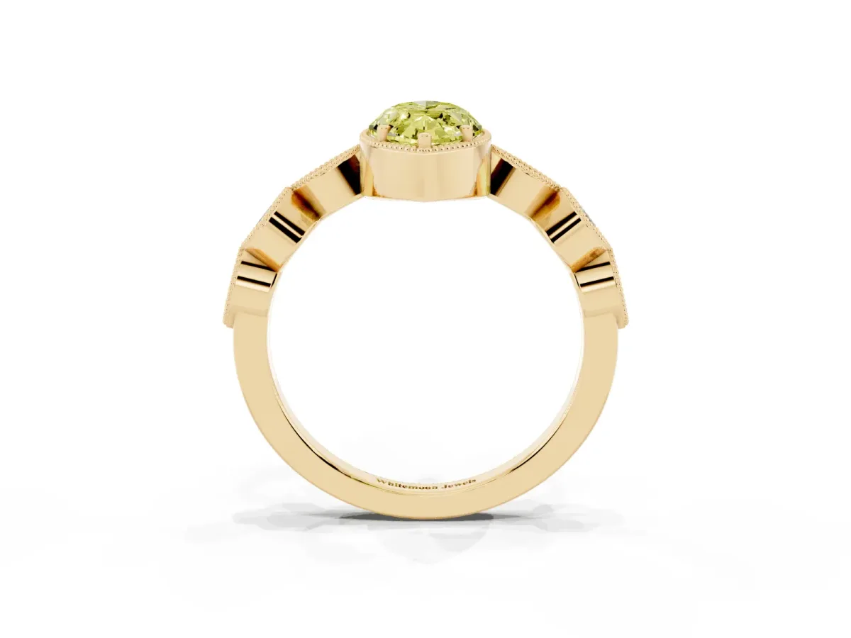 Fancy Yellow Marquise Cut Diamond Vintage Milgrain Ring with Round Stations Yellow gold