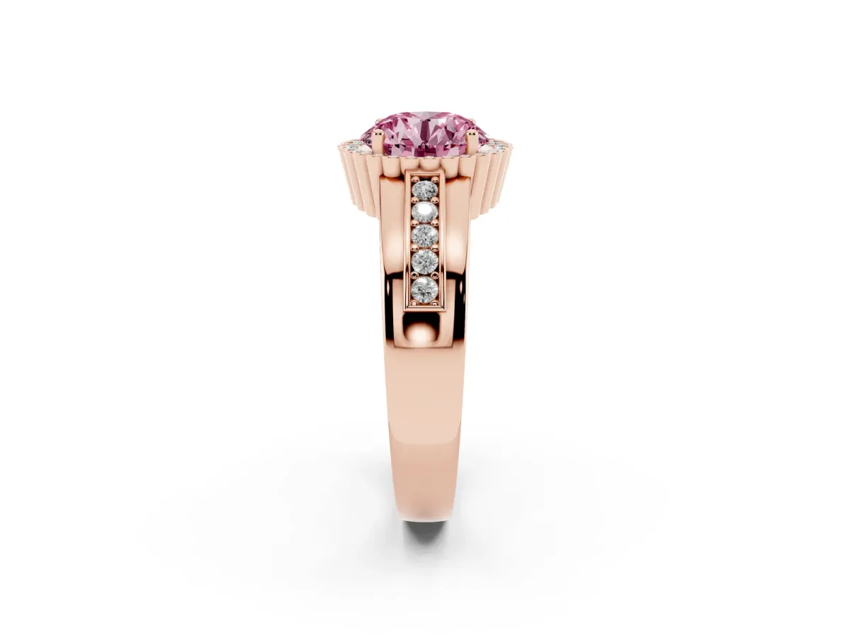 Fancy Pink Round Cut Cut Halo Pave Band Four-Prong Ring Rose gold