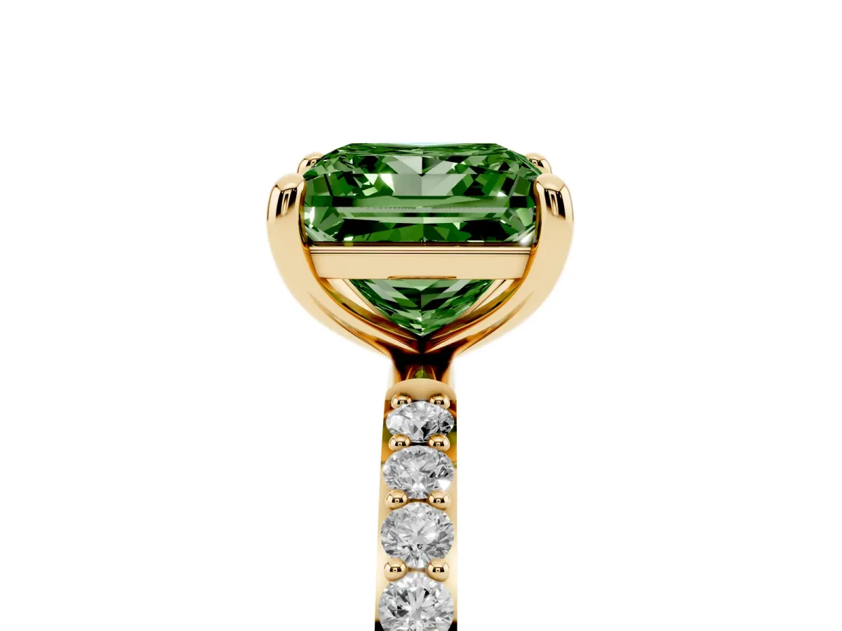 Fancy Green Princess Cut Diamond Solitaire Ring with Round Pavé Band and Prong Setting Yellow gold