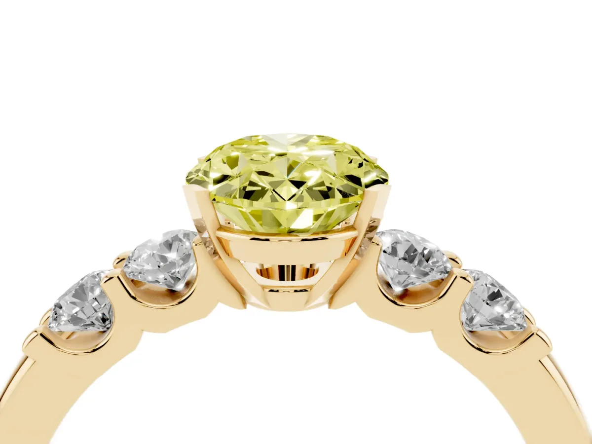 Fancy Yellow Oval Cut Brilliant Cut Diamond Five-Stone Prong Set Engagement Ring with Channel Band Yellow gold