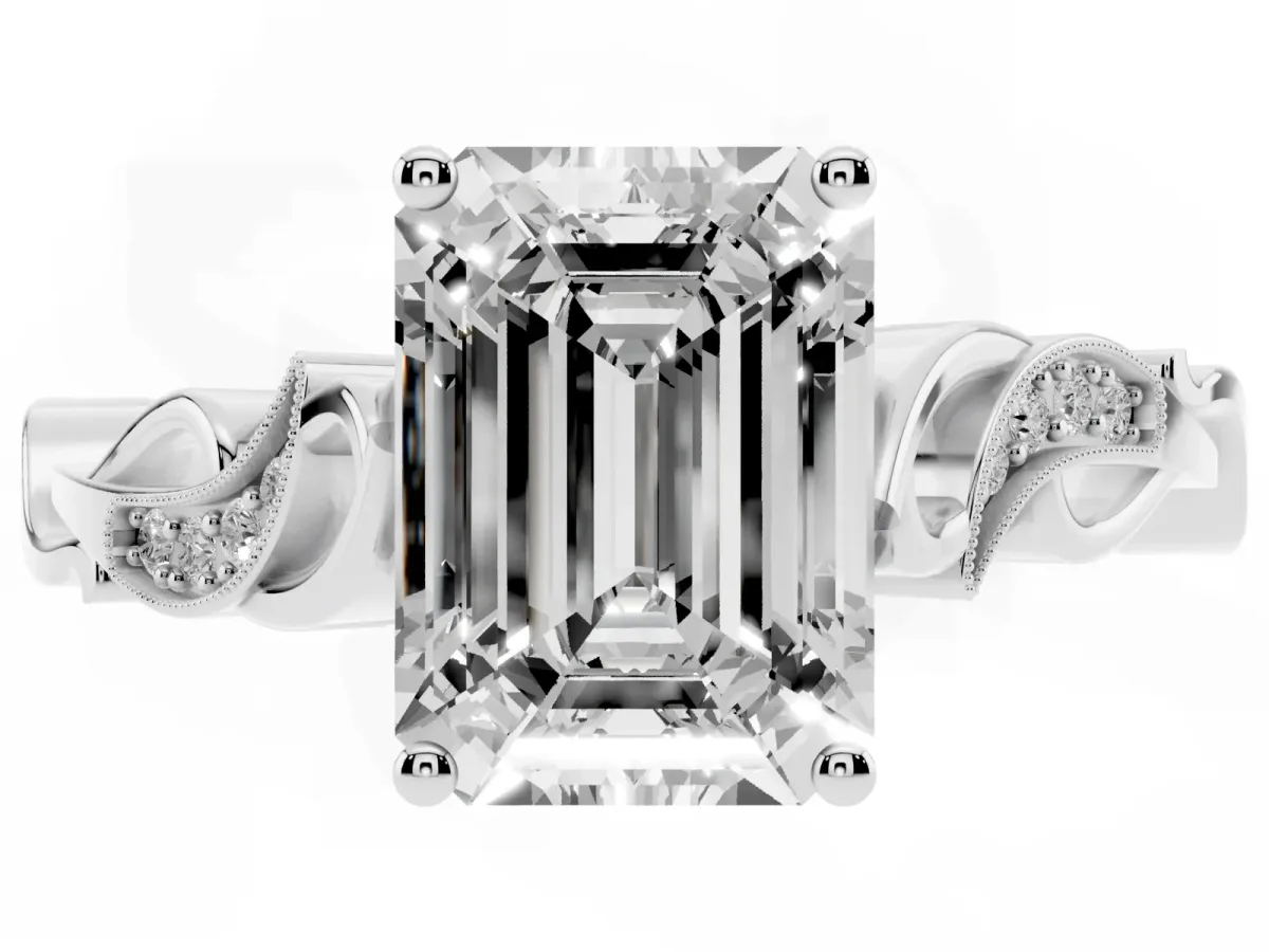 Emerald Cut Solitaire Vine Band with Milgrain Prong Setting Platinum