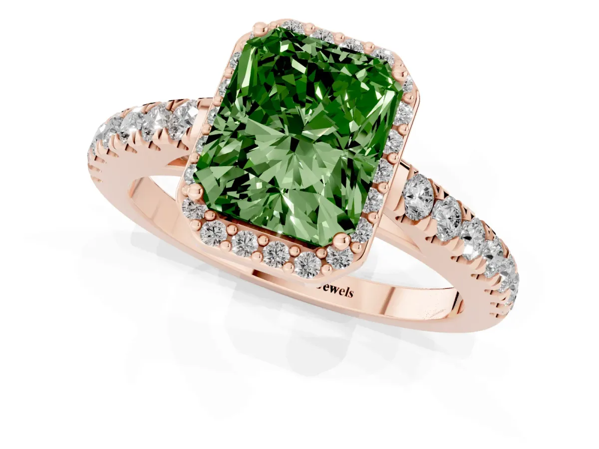 Fancy Green Radiant Cut Cut Halo Diamond Engagement Ring with Pave Band and Four-Prong Setting Rose gold