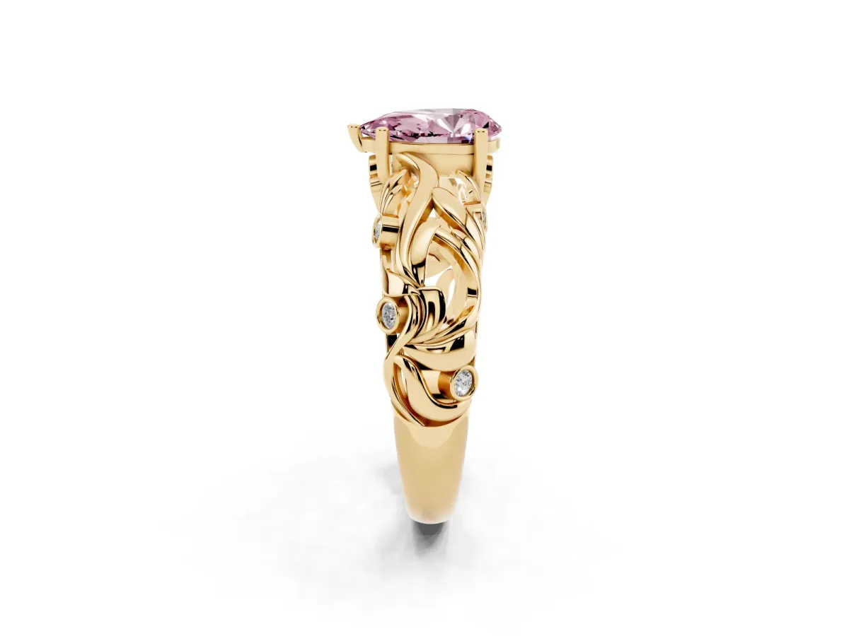 Fancy Pink Pear Cut Solitaire Diamond Leaf-Inspired Vine Band Ring with Prong Setting Yellow gold