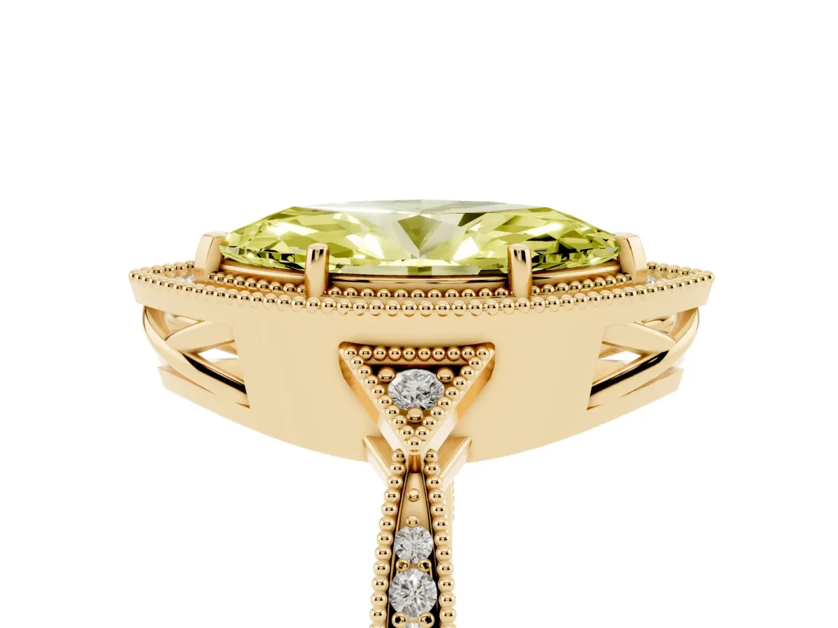 Fancy Yellow Marquise Cut Halo Round Diamond Milgrain Pave Engagement Ring Yellow gold