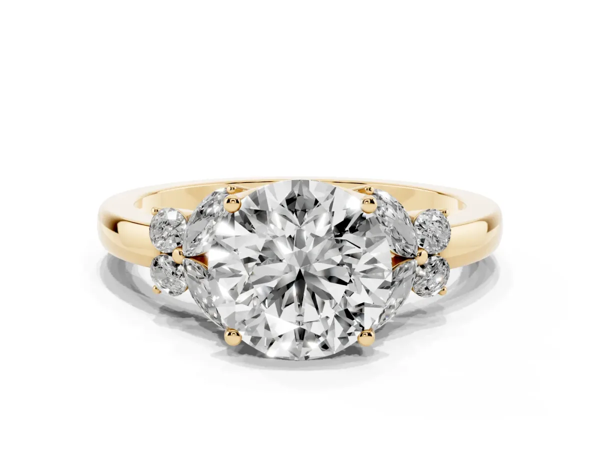 Round Cut Cut Solitaire Floral Diamond Ring with Four-Prong Setting Yellow gold