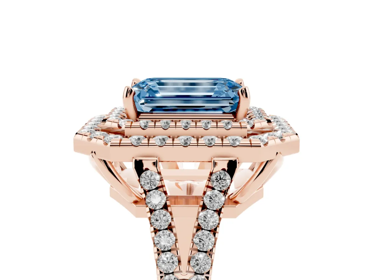 Fancy Blue Emerald Cut Diamond Double Halo Ring with Pavé Band and Prong Setting Rose gold