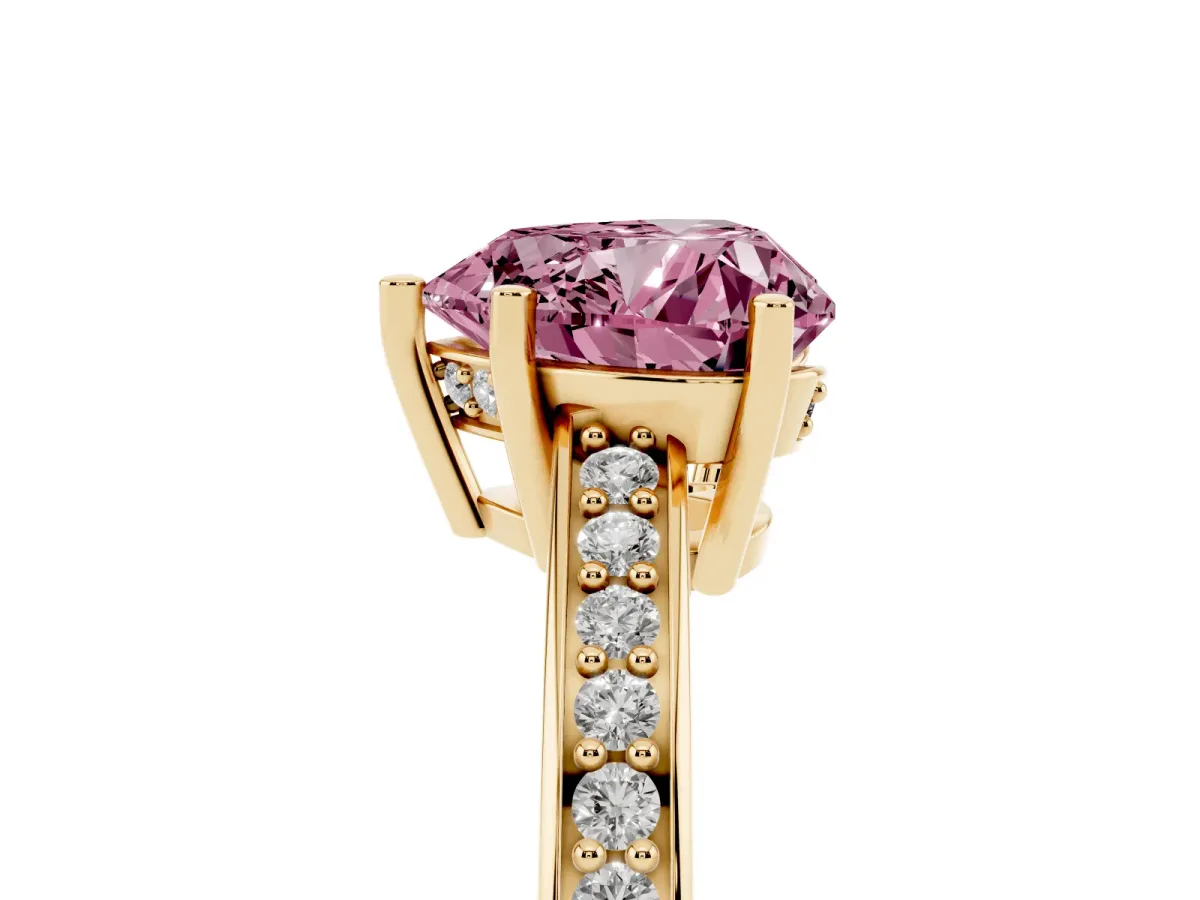 Fancy Pink Heart Cut Solitaire Pavé Band Prong Setting Ring Yellow gold
