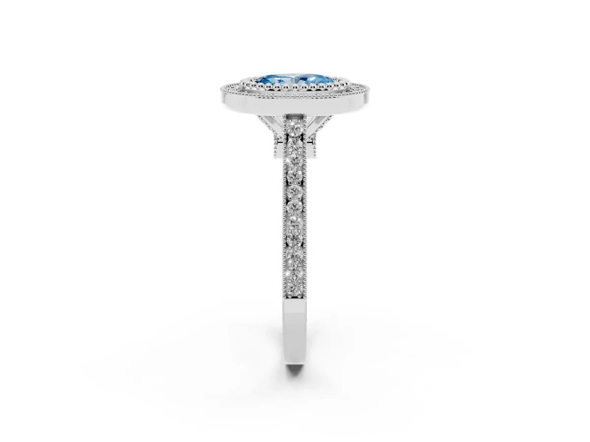 Fancy Blue Oval Cut Diamond Halo Ring with Milgrain Frame and Pavé Band Silver