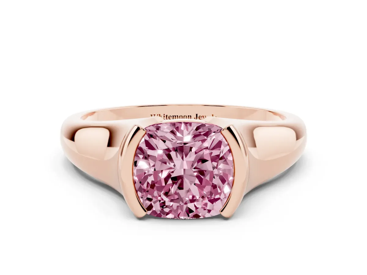 Fancy Pink Cushion Cut Solitaire Tension Set Diamond Ring with Split Shank Band Rose gold