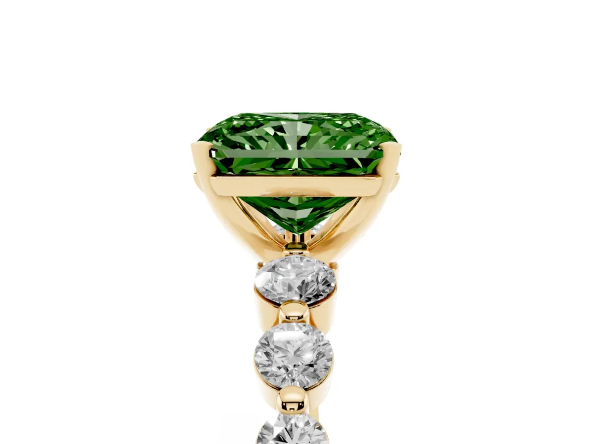 Fancy Green Radiant Cut Solitaire Diamond Ring with Pave Band and Four-Prong Setting Yellow gold