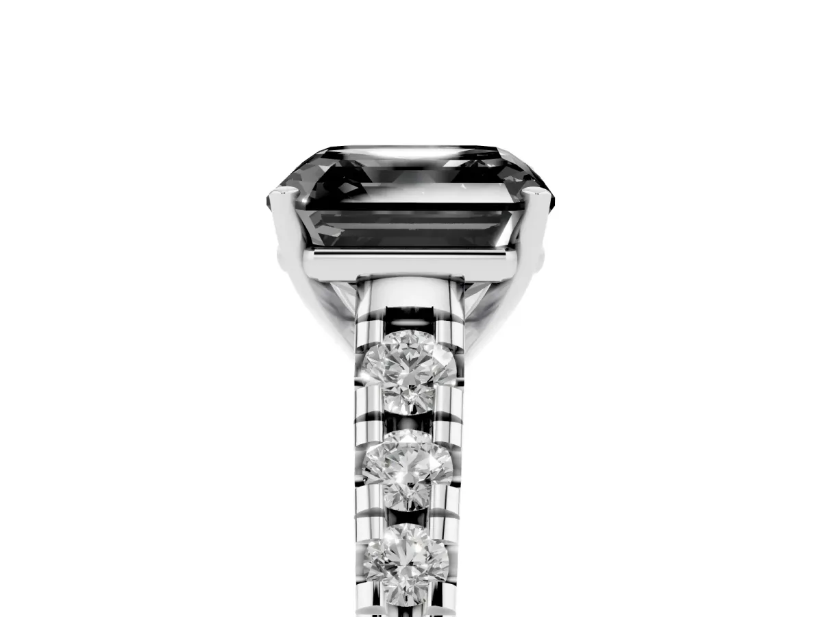 Fancy Black Asscher Cut Diamond Cathedral Solitaire Ring with Round Pavé Band Silver