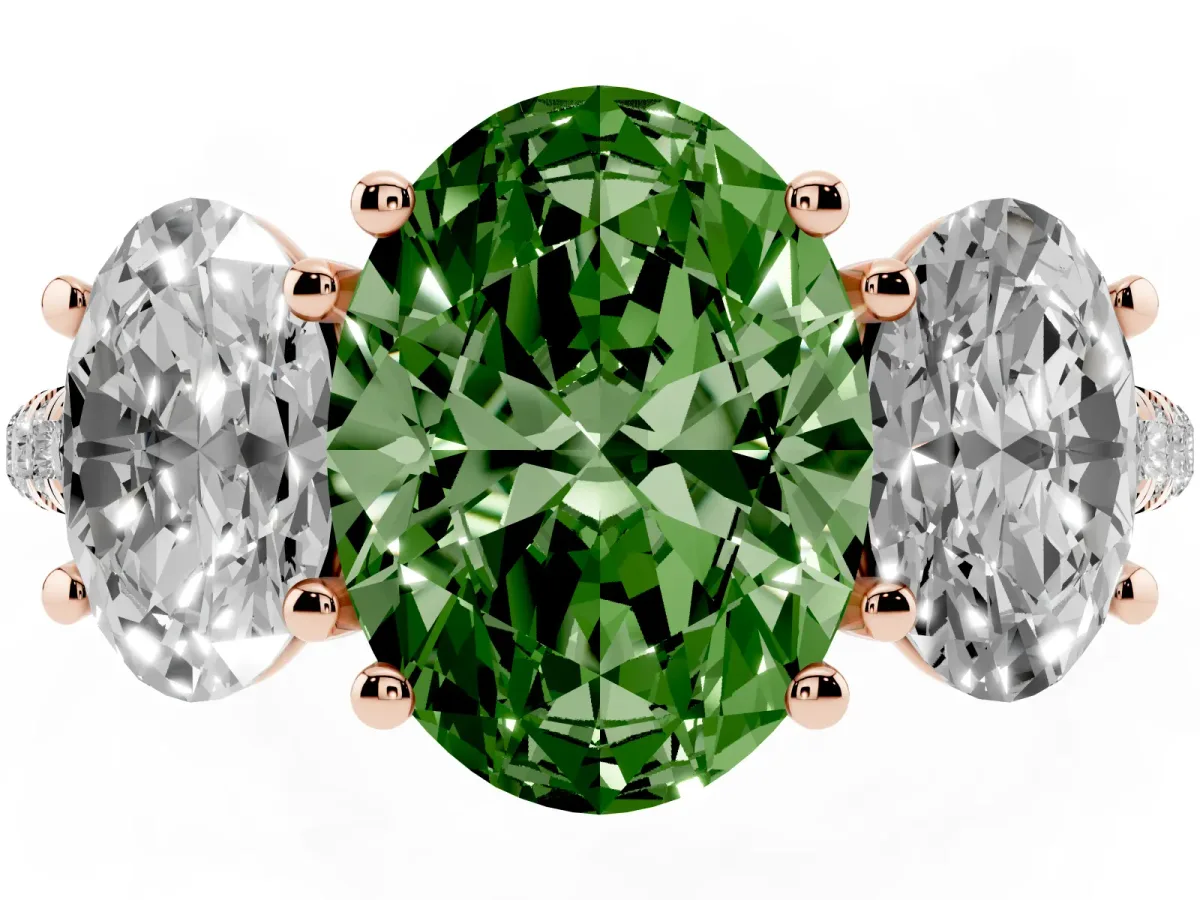 Fancy Green Three-Stone Oval Cut Diamond Ring with Round Pavé Band and Prong Setting Rose gold