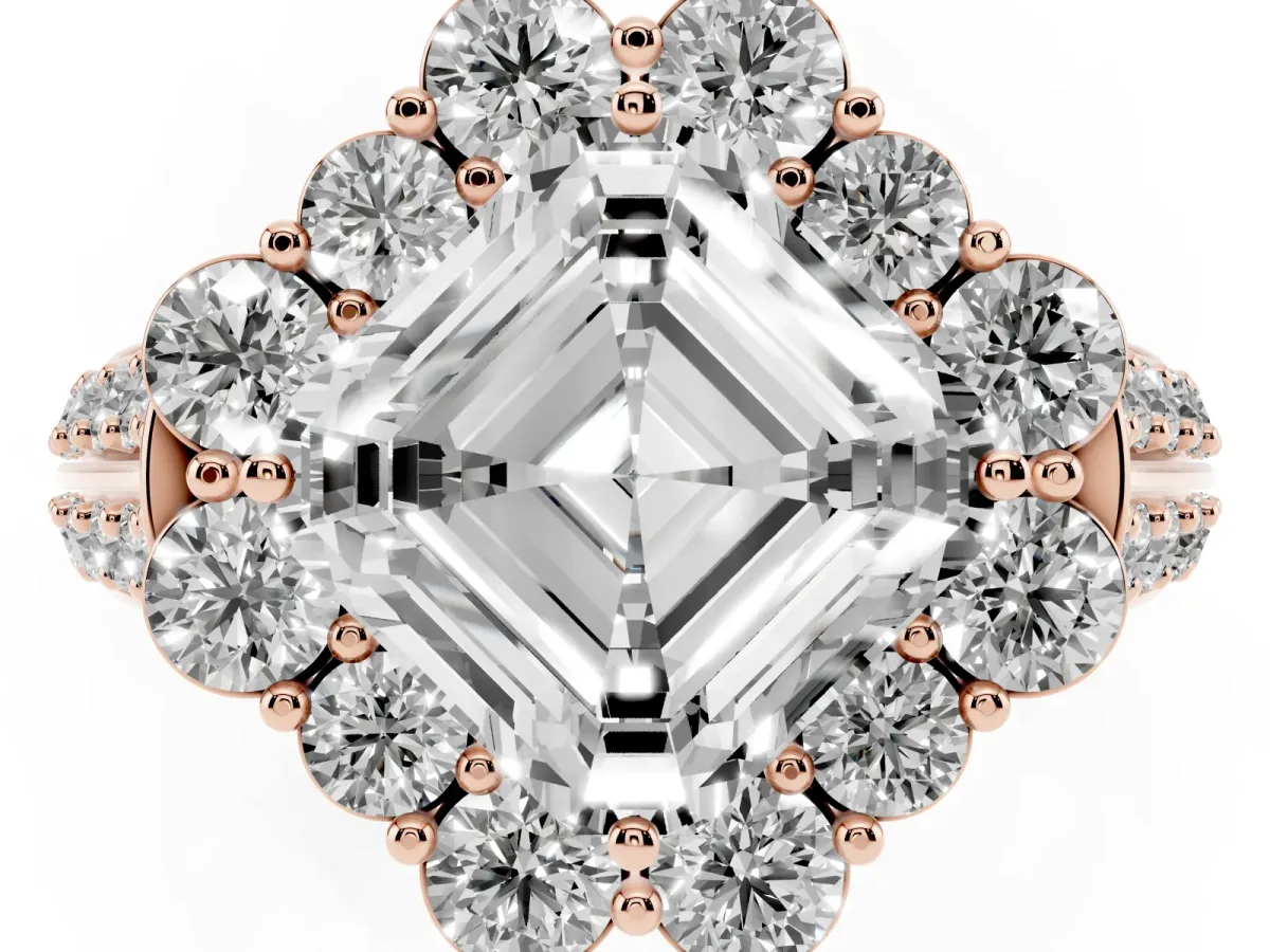 Asscher Cut Halo Diamond Engagement Ring with Split Shank and Prong Setting Rose gold