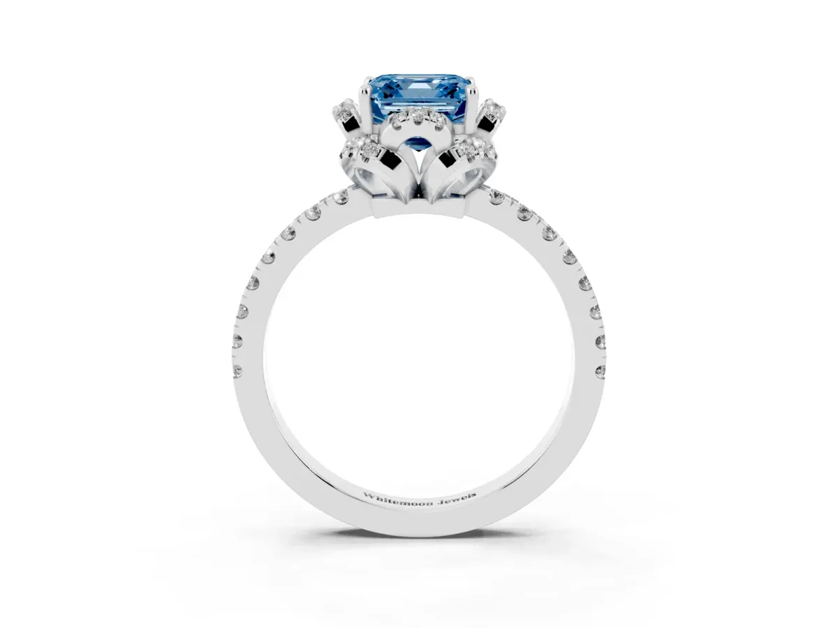 Fancy Blue Asscher Cut Diamond Halo Pave Band with Four-Prong Setting Silver
