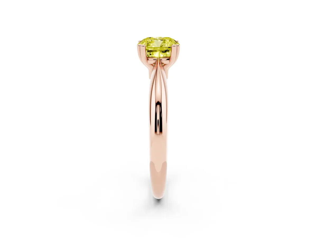 Fancy Yellow Cushion Cut Cut Solitaire Engagement Ring with Tapered Band and Four-Prong Setting Rose gold