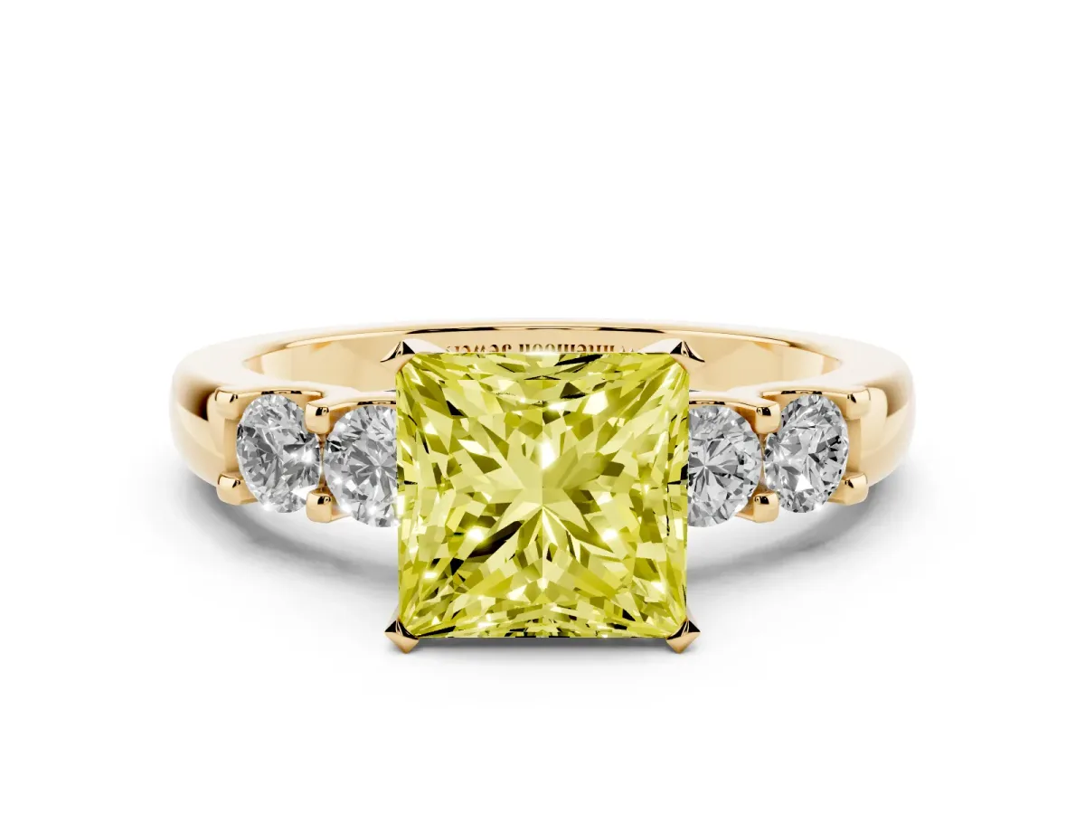 Fancy Yellow Princess Cut Brilliant Cut Diamond Five-Stone Prong Set Engagement Ring with Channel Band Yellow gold