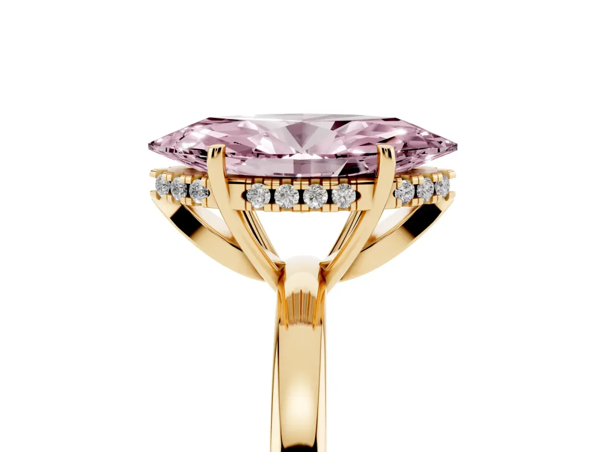 Fancy Pink Marquise Cut Solitaire Diamond Ring with Prong Setting and Plain Band Yellow gold