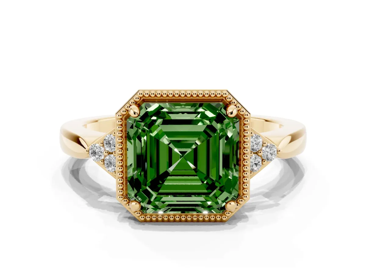 Fancy Green Asscher Cut Diamond Halo Ring with Tapered Band and Four-Prong Setting Yellow gold