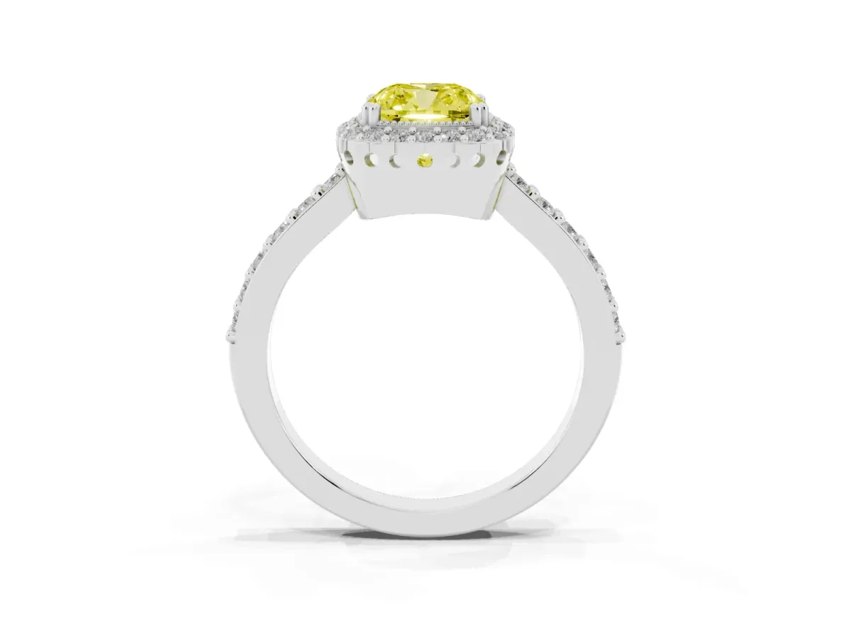 Fancy Yellow Cushion Cut Cut Diamond Halo Engagement Ring with Milgrain Detail and Pavé Band Platinum