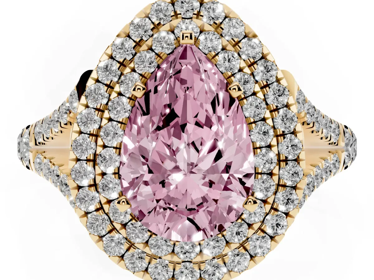 Fancy Pink Double Halo Pear Cut Diamond Split Shank Engagement Ring with Four-Prong Setting Yellow gold